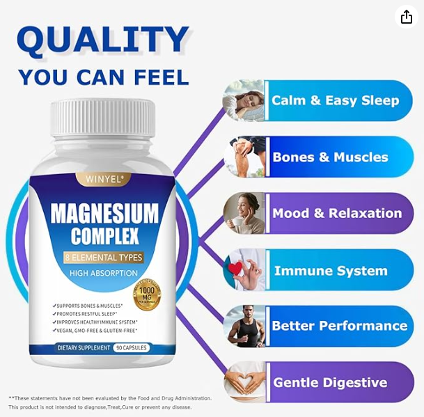 MAGNESIUM COMPLEX Wellness Capsules With Malate & Glycinate And 8 ELEMENTAL MAGNESIUM, Supports Health 90 Capsules, Dietary Supplement.